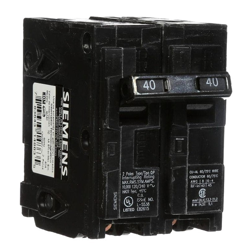 Siemens Q240 Circuit Breaker, Mini, 40 A, 2 -Pole, 120/240 V, Fixed Trip, Plug Mounting