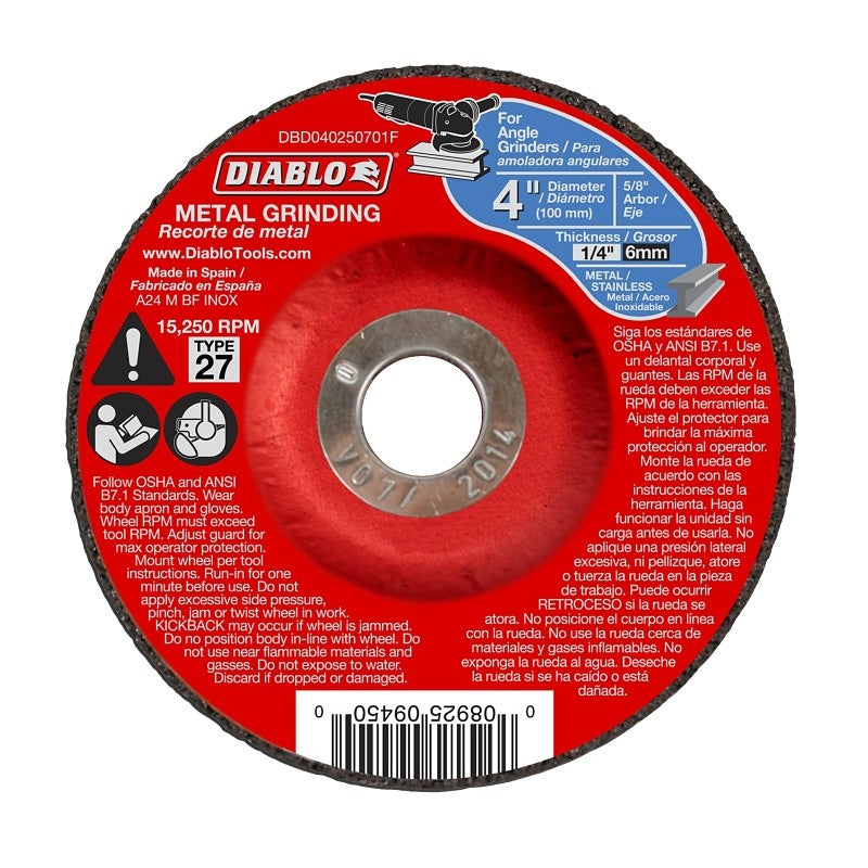 Diablo DBD040250701F Grinding Wheel, Applicable Materials: Cast Iron, Sheet Metal, Stainless Steel, 4 in Dia