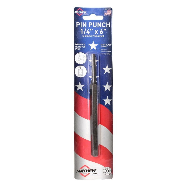 Mayhew 42702 Long Pin Punch, 1/4 in Tip, 6 in L, Hex Shank