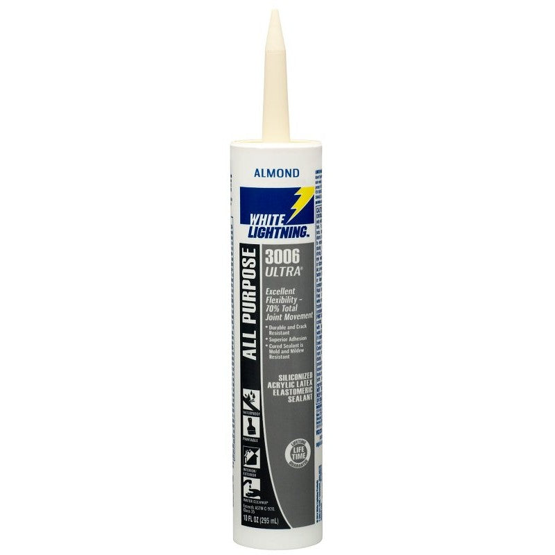 White Lightning W11002010 All Purpose Elastomeric Sealant, Almond, 5 to 7 days Curing, >40 deg F, 10 fl-oz, Cartridge (Pack of 12)
