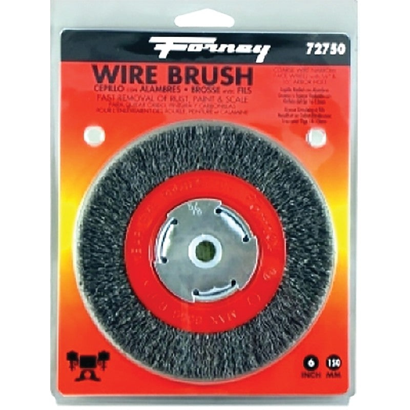 Forney 72750 Wire Bench Wheel Brush, 6 in Dia, 1/2 to 5/8 in Arbor/Shank, 0.014 in Dia Bristle
