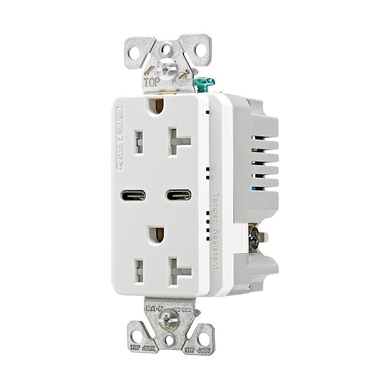 Eaton TRUSBC20W-BOX Combination USB Receptacle, 2-Pole, 20 A, 125 V, 2-USB Port, Type C USB, NEMA: 5-20R, White (Pack of 10)