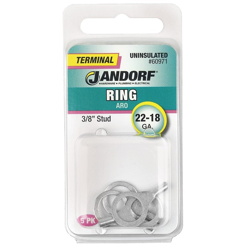 Jandorf 60971 Ring Terminal, 22 to 18 AWG Wire, 3/8 in Stud, Copper Contact