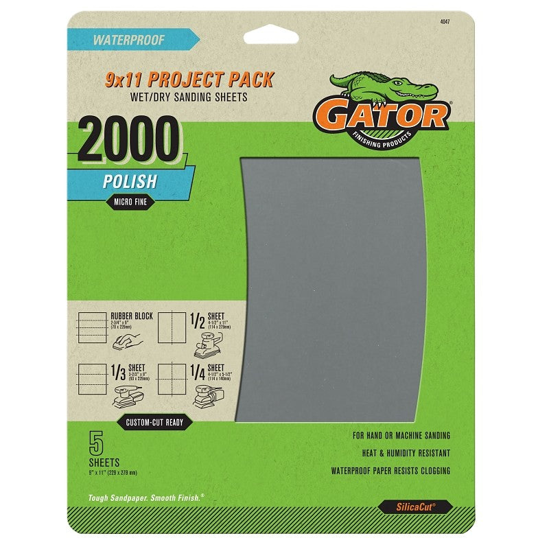 Gator 4047 Sanding Sheet, 11 in L, 9 in W, Fine, 2000 Grit