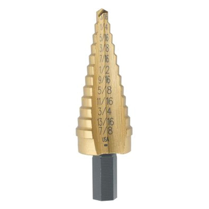 Irwin Unibit 15104 Step Drill Bit, 3/16 to 7/8 in Dia, 3 in OAL, Tree Flute, 1-Flute, 3/8 in Dia Shank, Round Shank