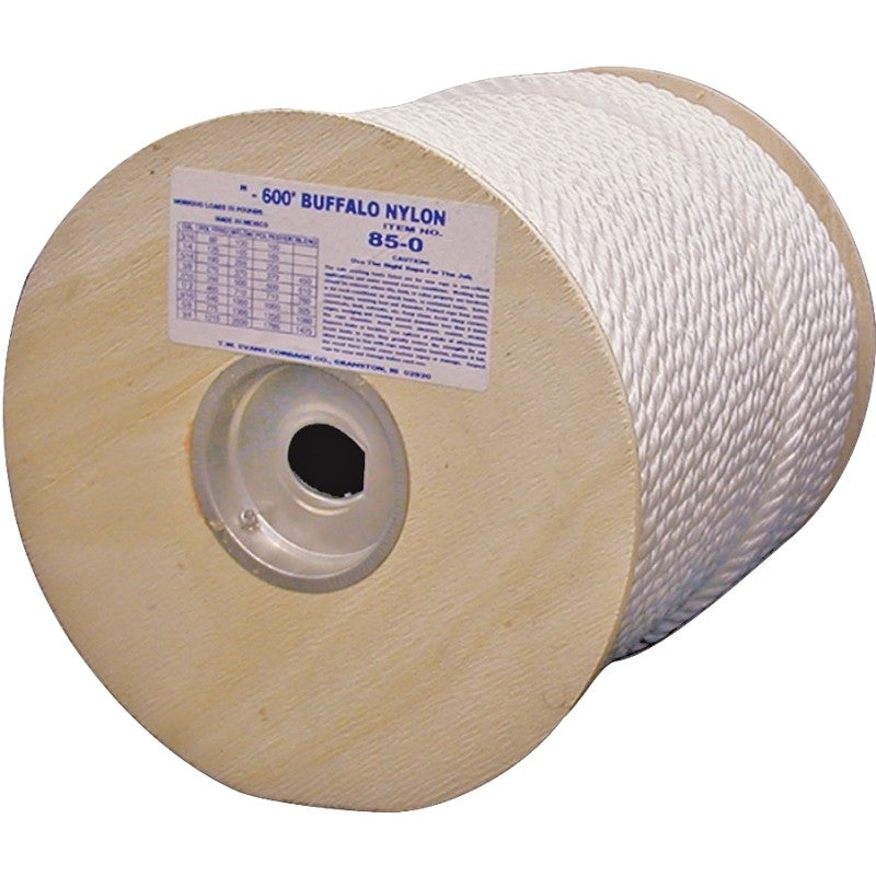 T.W. Evans Cordage 85-065 Rope, 3/8 in Dia, 600 ft L, 407 lb Working Load, Nylon, White