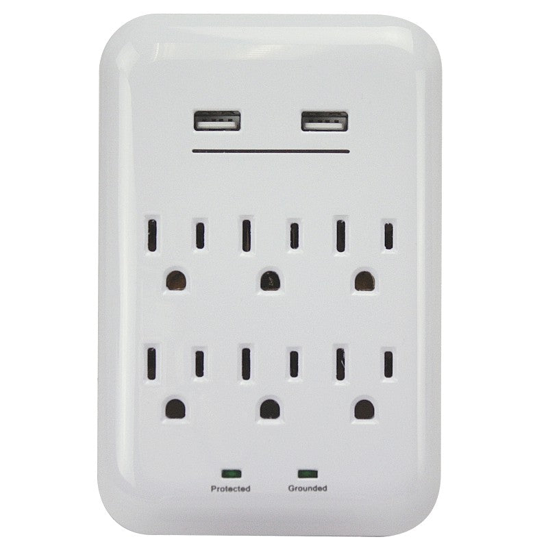 PowerZone ORUSB346S USB Charger with Surge Protection, 2-Pole, 125 V, 15 A, 6-Outlet, 1200 Joules Energy, White