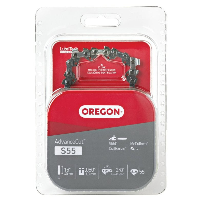 Oregon S55 Chainsaw Chain, 16 in L Bar, 3/8 in TPI/Pitch, 55-Link