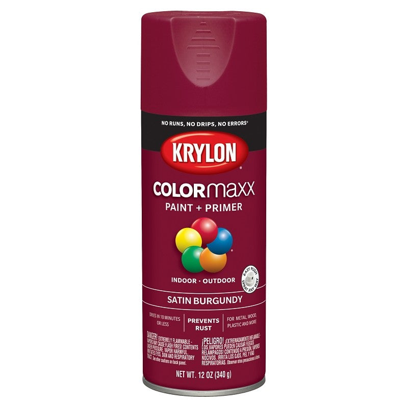 Krylon K05560007 Enamel Spray Paint, 12 oz Can, 25 sq-ft Coverage Area, Acrylic Base, Satin, Burgundy