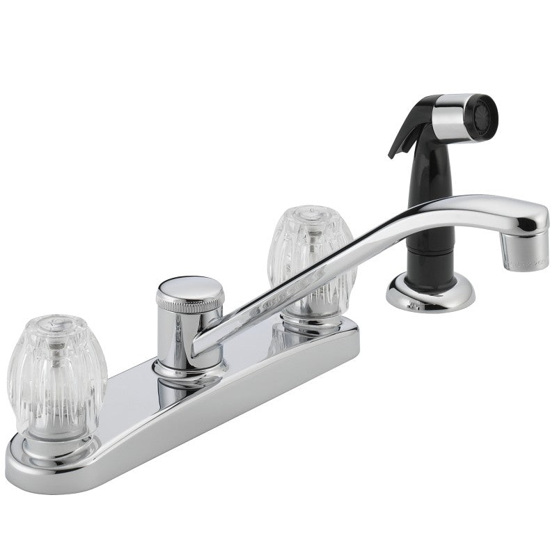 Delta P225LF Kitchen Faucet with Side Sprayer, 1.8 gpm, 2-Handle, Chrome Plated, Deck, Knob Handle, Swivel Spout
