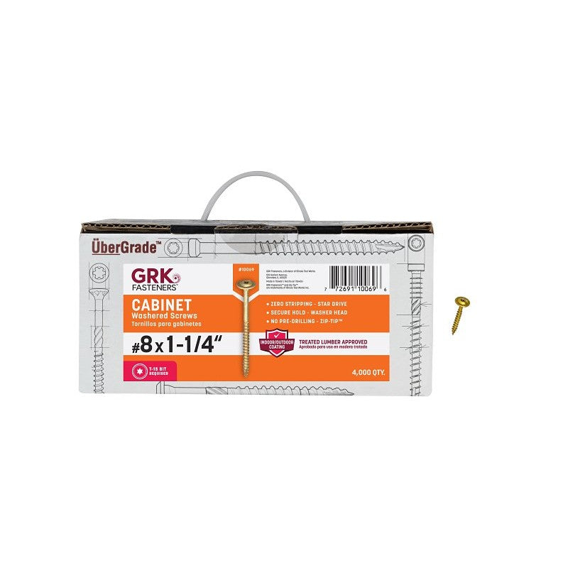 GRK Fasteners 10069 Cabinet Screw, #8 Thread, 1-1/4 in L, Washer Head, Star Drive, Steel, 4000 BX