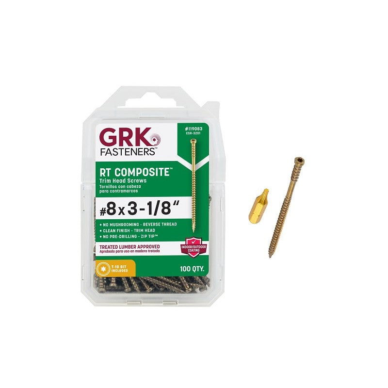GRK Fasteners RT Series 17083 Screw, #8 Thread, 3-1/8 in L, Reverse Thread, Trim Head, Star Drive, Steel, 100/PK