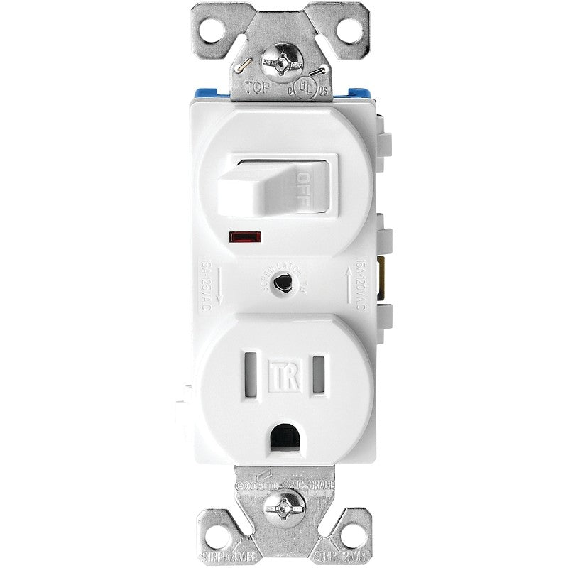 Eaton Cooper Wiring TR274W Combination Switch/Receptacle, 2 -Pole, 15 A, 120 V Switch, 125 V Receptacle, White