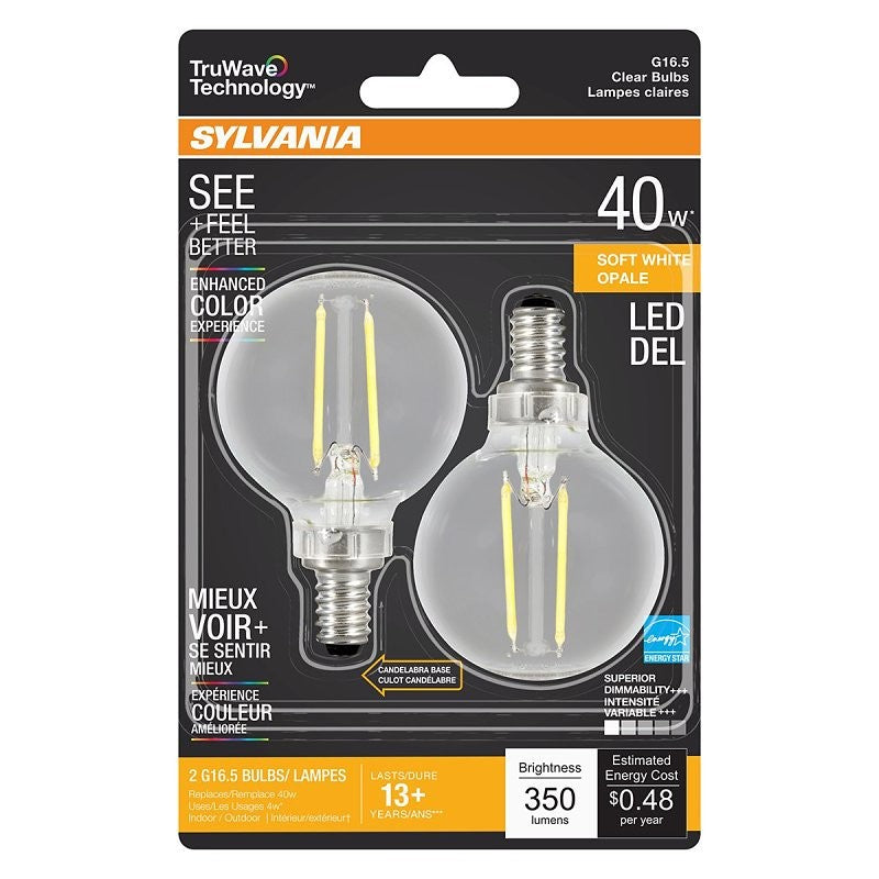 Sylvania 40784 Natural LED Bulb, Decorative, G16.5 Lamp, 40 W Equivalent, E12 Lamp Base, Dimmable, Clear