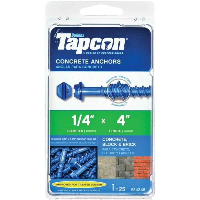 Tapcon 24345 Screw Anchor, Hex, Phillips, Slotted Drive, Steel, Climaseal, 25 PK