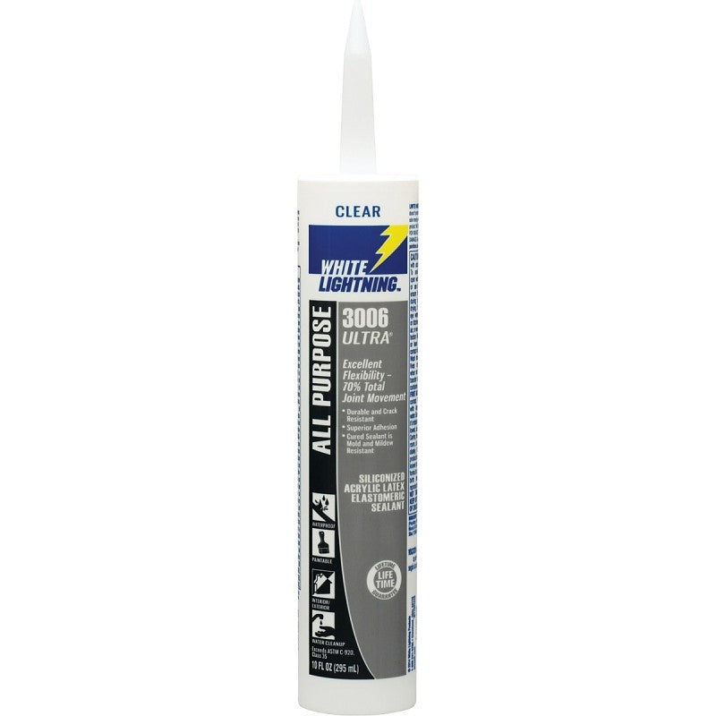 White Lightning W11001010 Siliconized Acrylic Latex Sealant, Clear, 5 to 7 days Curing, -30 to 180 deg F, 10 fl-oz (Pack of 12)