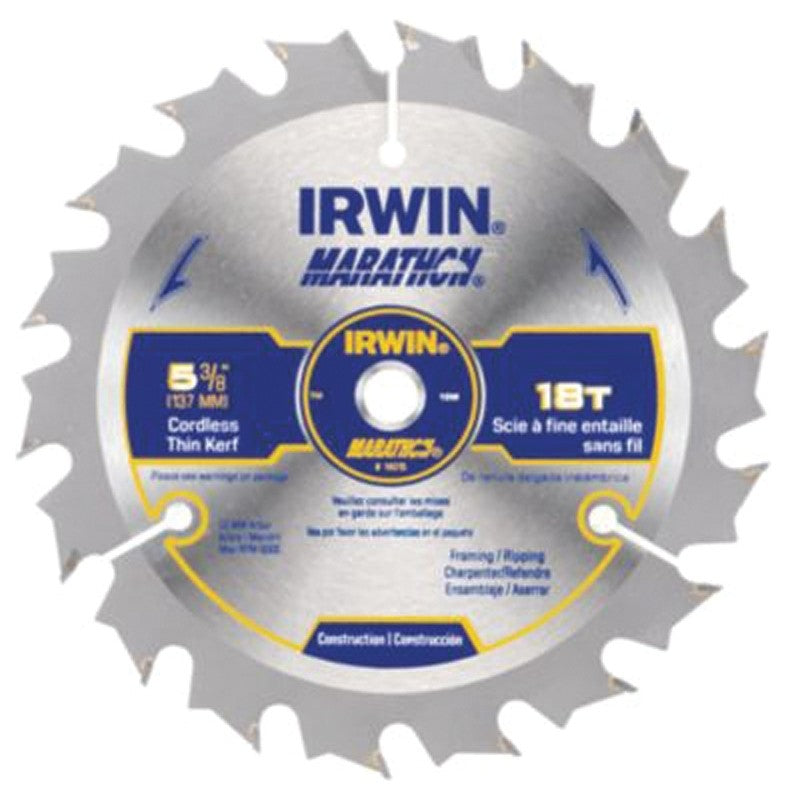 Irwin Marathon 14015 Circular Saw Blade, 5-3/8 in Dia, 0.39 in Arbor, 18-Teeth, Carbide Cutting Edge