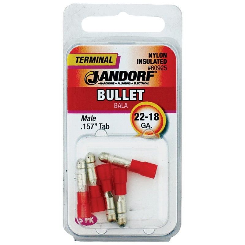 Jandorf 60925 Bullet Terminal, 600 V, 22 to 18 AWG Wire, Nylon Insulation, Copper Contact, Red, 5/PK