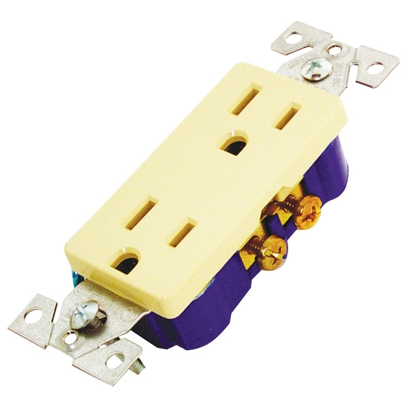 Eaton Wiring Devices 1107V-BOX Duplex Receptacle, PVC, Ivory, 2-Pole, 15 A, 125 V, Back, Side Wiring, NEMA: 5-15R, 60 Hz
