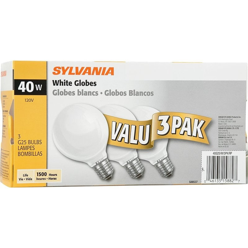 Sylvania 15882 Incandescent Lamp, 3.125 in Dia x 4.44 in L Dimensions, 40 W, G25 Lamp, Medium Lamp Base, 260 Lumens