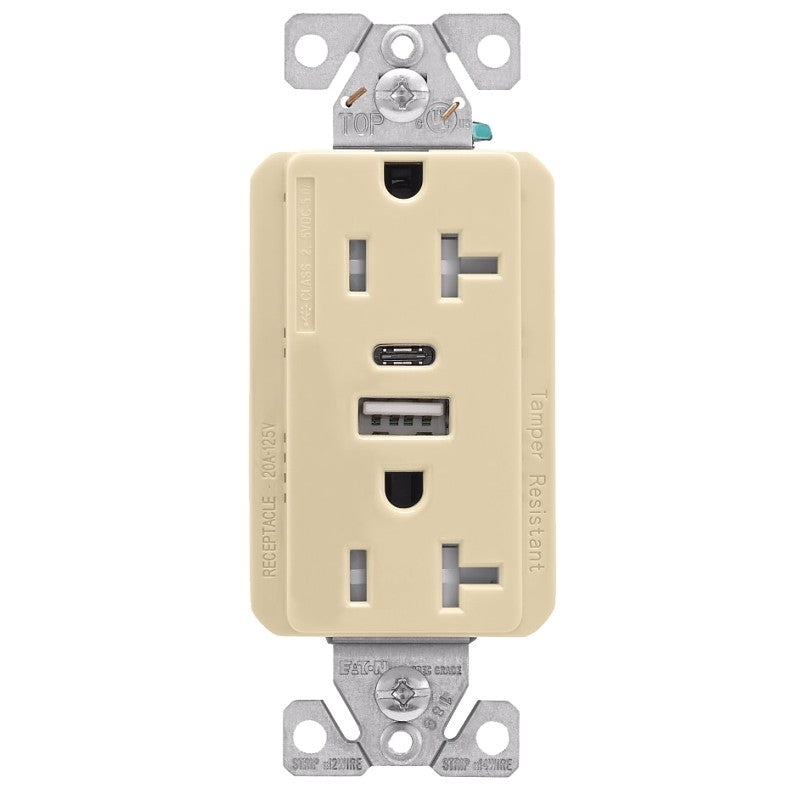 Eaton Cooper Wiring TRUSBAC20 TRUSBAC20V-K-L Receptacle, 2 -Pole, 5 A, 125 VAC, 2 -USB Port, Type A, C USB, Ivory