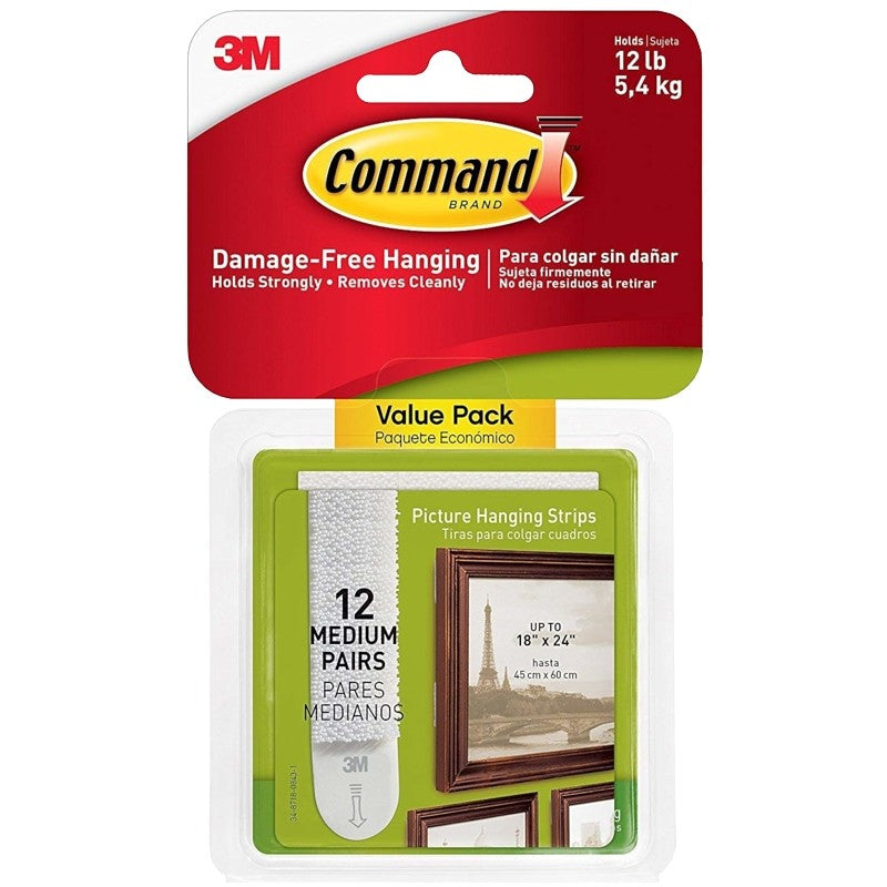 Command 17204-12ES Medium Picture Hanging Strip, 3/4 in W, 2-3/4 in L, Foam Backing, White, 3 lb (Pack of 6)