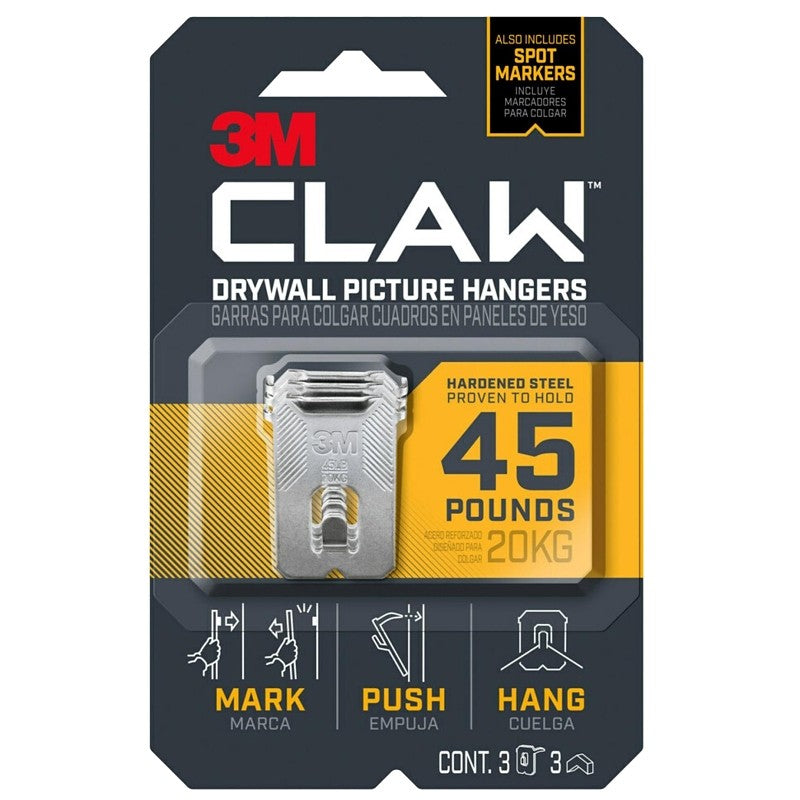 3M CLAW 3PH45M-3ES Drywall Picture Hanger, 45 lb, Steel, Push-In, 3/PK (Pack of 4)