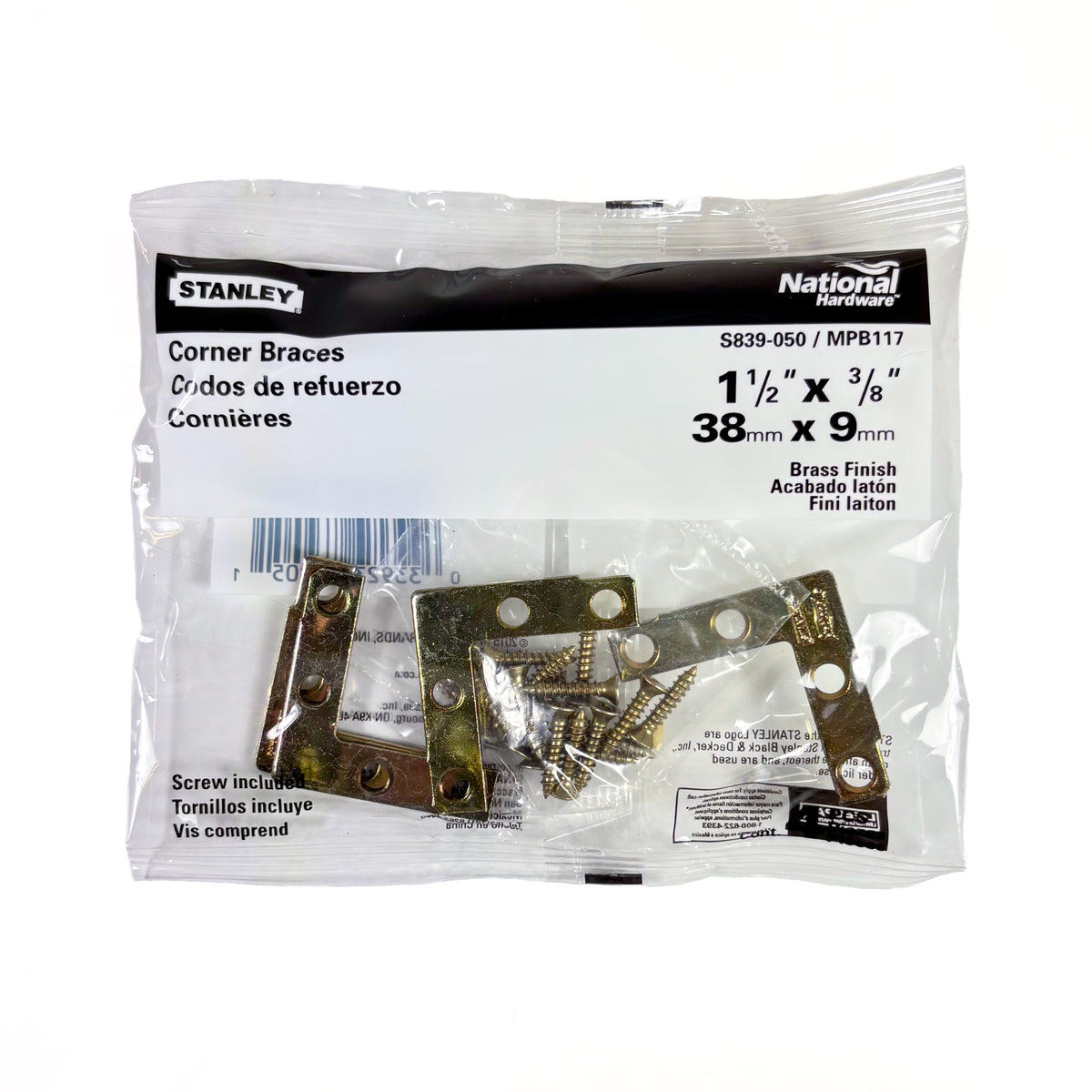 Flat Corner Iron Braces 1-1/2 By 3/8 By 0.07 Inch Brass Finish Steel 4 Pack
