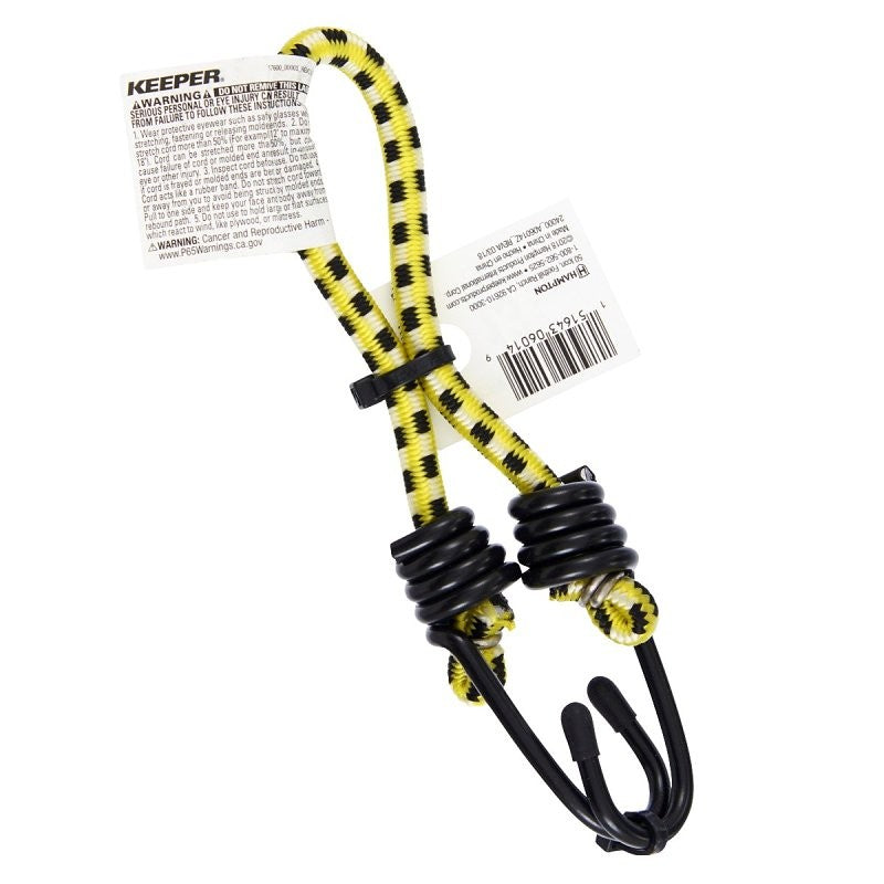 Keeper A06014Z Zip-Tied Bungee Cord, 13 in L, Rubber, Yellow, Hook End