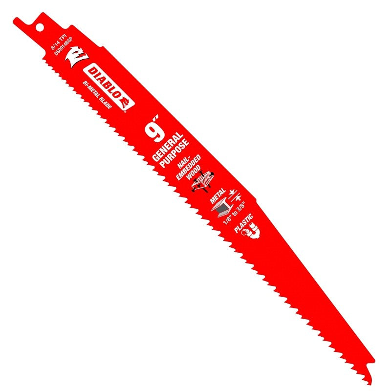 Diablo DS0914BGP25 Reciprocating Saw Blade, Applicable Materials: Clean Wood, Plastic, 1 in W, 9 in L, 8, 14 TPI, 25/PK