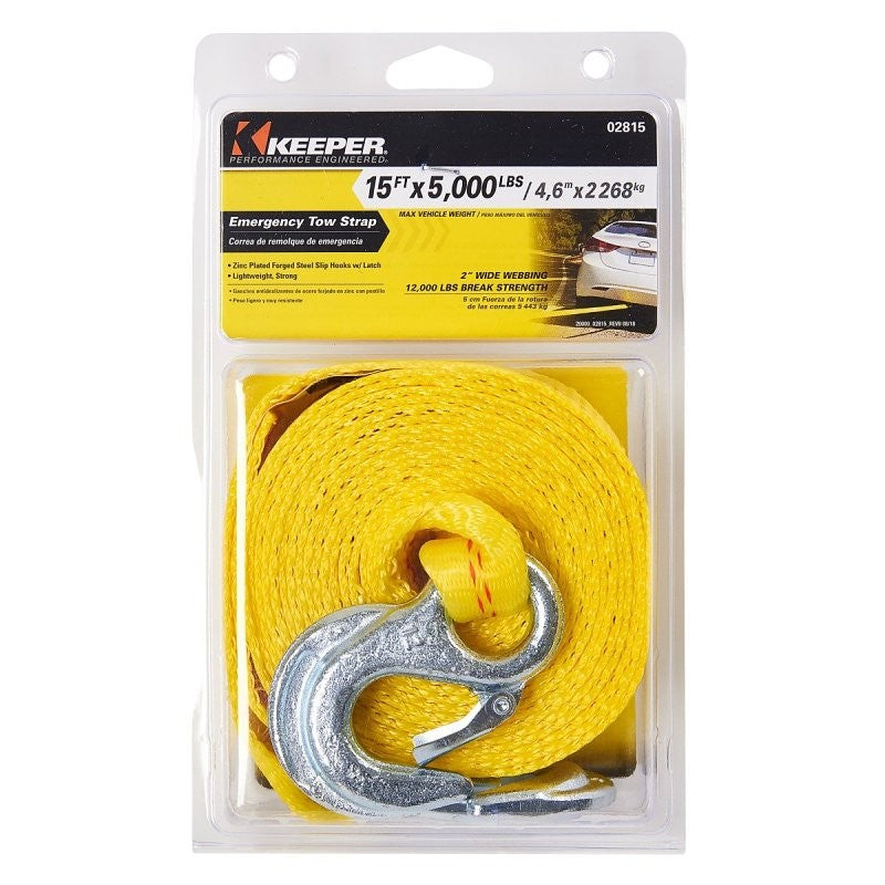 Keeper 02815 Emergency Tow Strap, 5000 lb, 2 in W, 15 ft L, Hook End, Polyester, Yellow