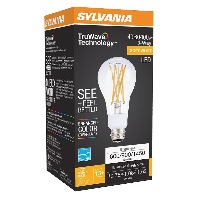 Sylvania 40769 Natural LED Bulb, 3-Way, A21 Lamp, 100 W Equivalent, E26 Lamp Base, Dimmable, Clear, Soft White Light