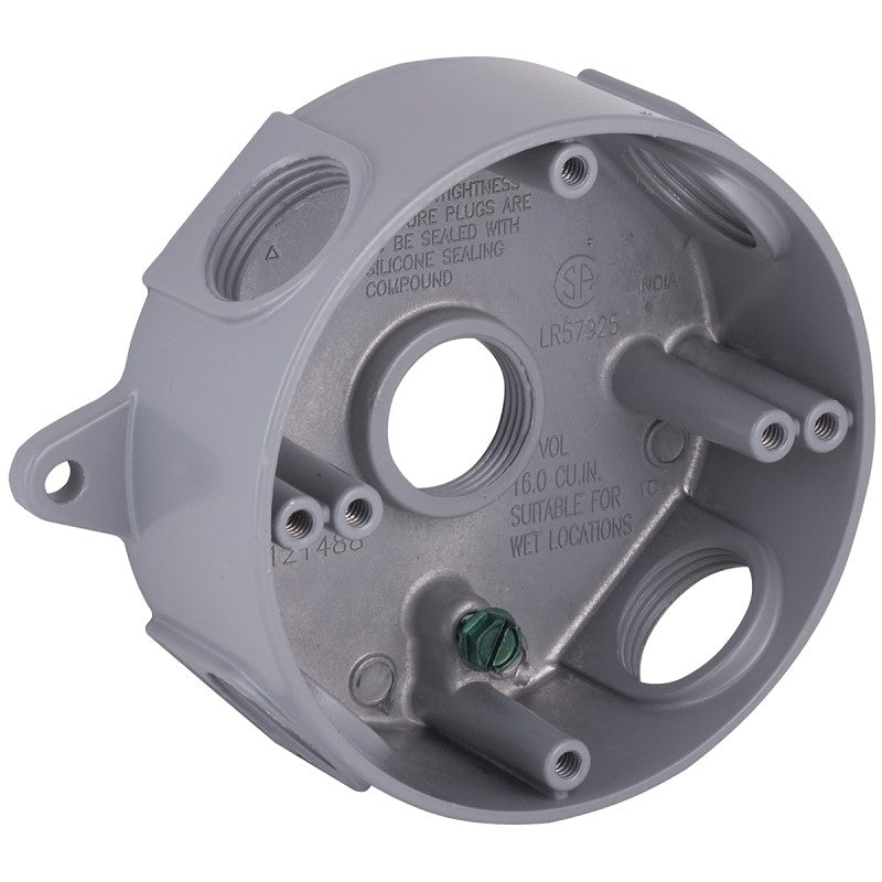 Hubbell 5372-0 Weatherproof Box, 5-Outlet, Aluminum, Gray, Powder-Coated, Horizontal/Vertical