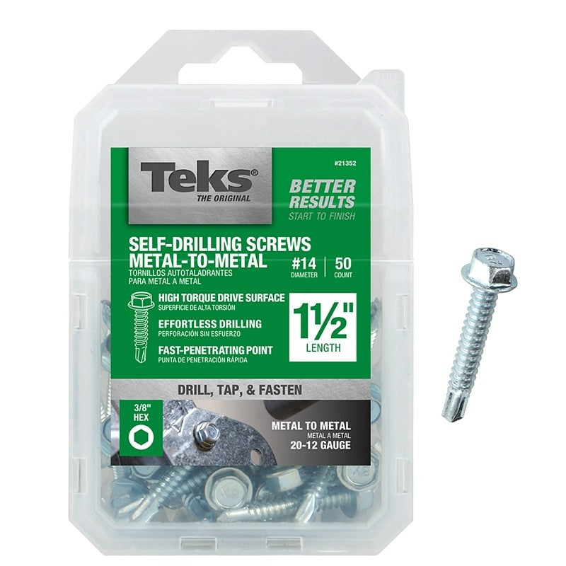 Teks 21352 Screw, #14 Thread, 1-1/2 in L, Coarse Thread, Hex Drive, Self-Drilling, Self-Tapping Point, Steel, Zinc