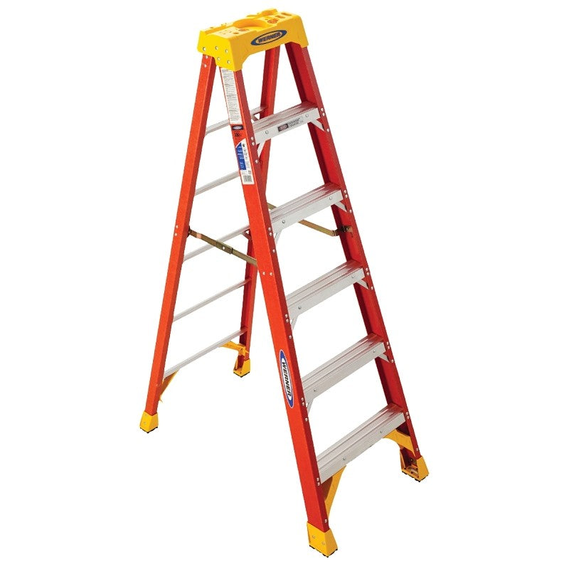 Werner 6206 Step Ladder, 6 ft H, Type IA Duty Rating, Fiberglass, 300 lb, 10 ft Max Reach, 5-Step