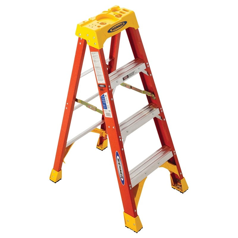 Werner 6204 Step Ladder, 4 ft H, Type IA Duty Rating, Fiberglass, 300 lb, 3-Step, 8 ft Max Reach