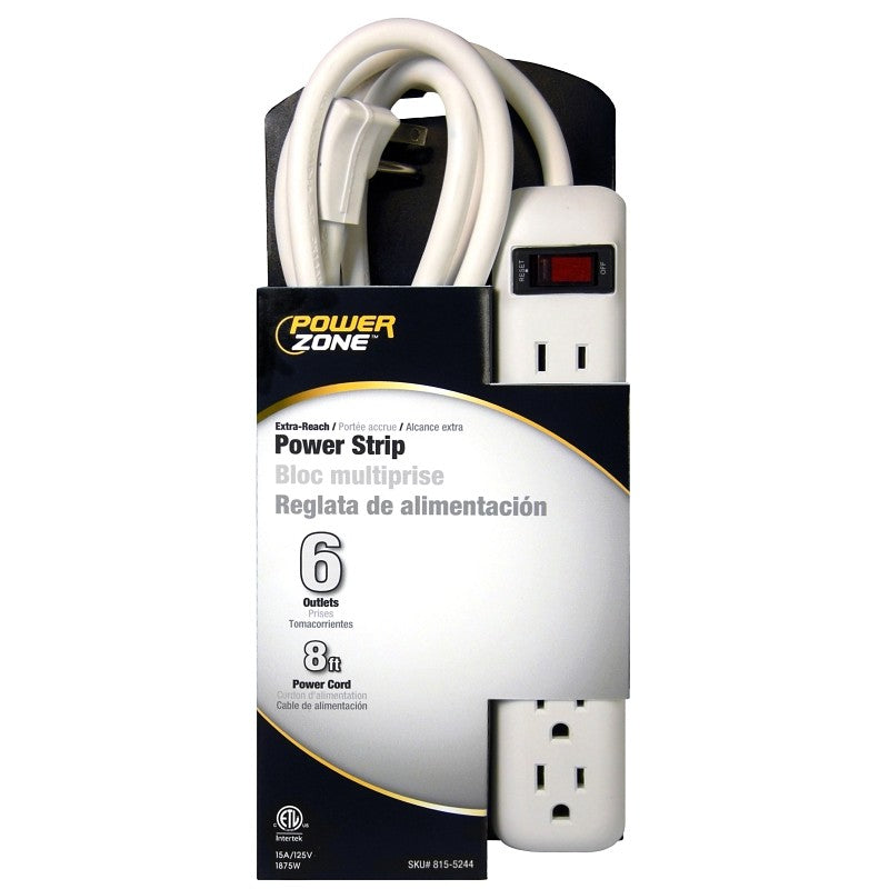 PowerZone OR801115 Power Outlet Strip, Right Angle Plug, 6 -Socket, 15 A, 125 V