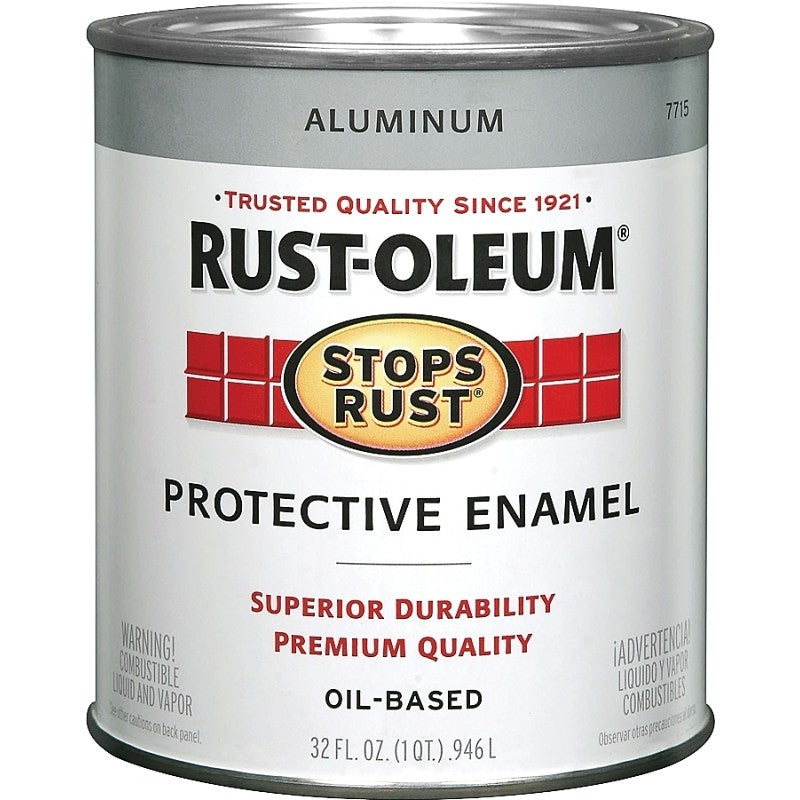 Rust-Oleum Stops Rust 7715502 Enamel Paint, Oil, Metallic, Aluminum, 1 qt, Can, 80 to 120 sq-ft/qt Coverage Area