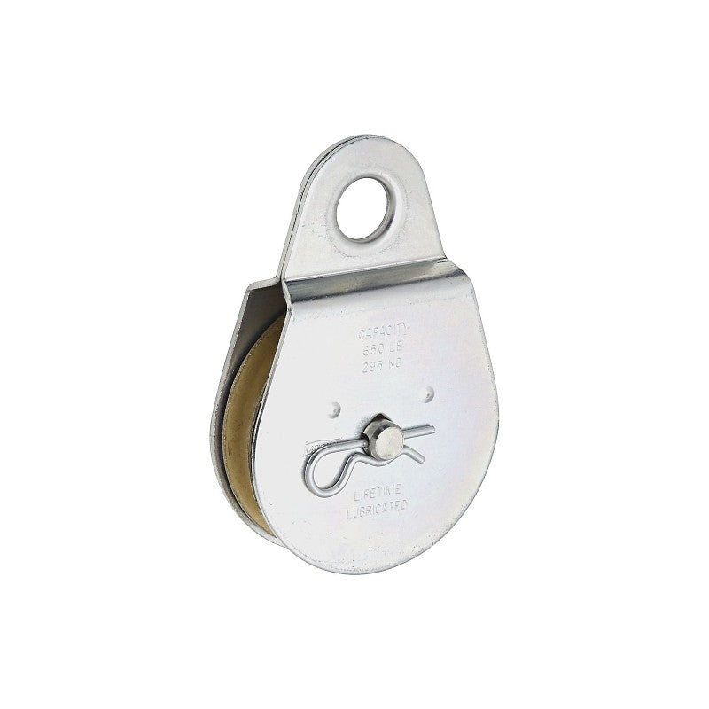 National Hardware N220-020 Pulley, Single Fixed, 0.68 in Dia Eye, 1/2 in Rope, 650 lb Working Load, 3 in Sheave, Zinc