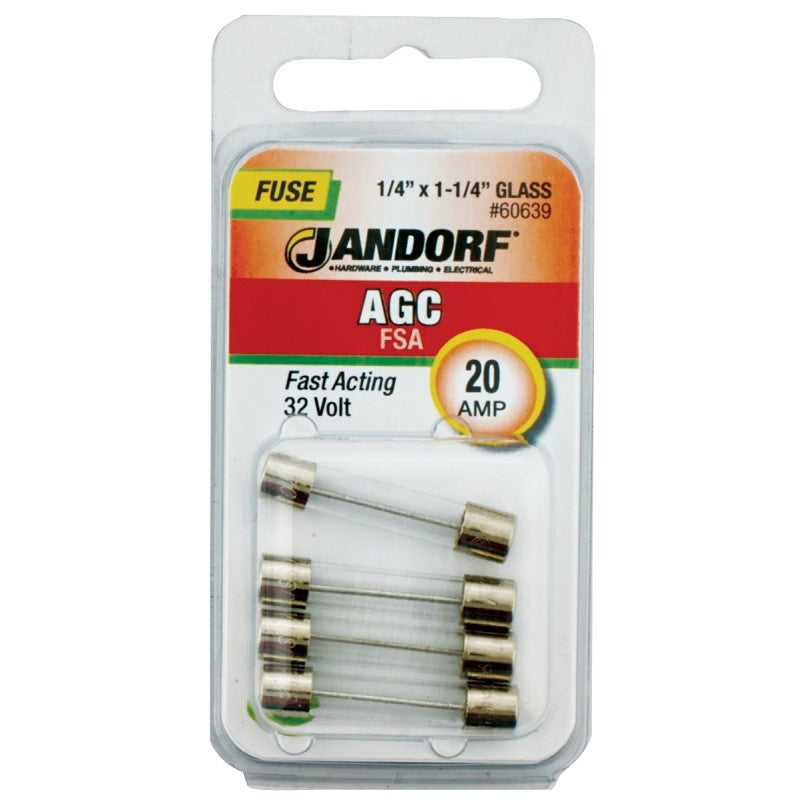Jandorf 60639 Series Fast Acting Fuse, 0.004 Ohm, 20 A, 32 V, 1 kA Interrupt, Glass Body