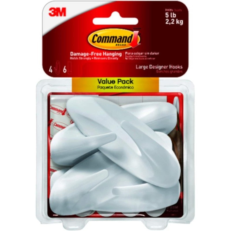 Command 17083-4ES Large Designer Hook, 5 lb, 4-Hook, Plastic, White