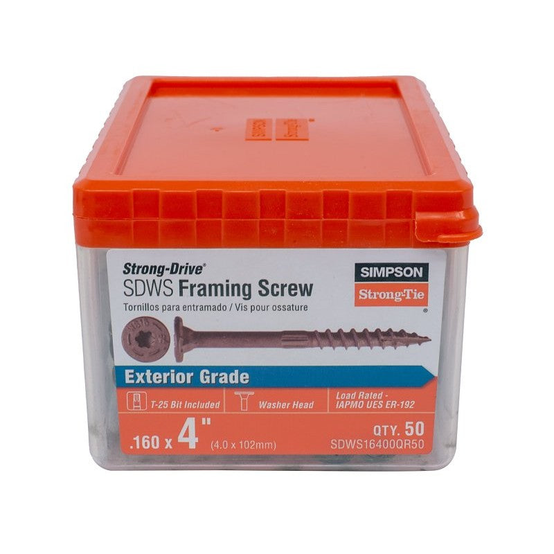 Simpson Strong-Tie Strong-Drive SDWS SDWS16400QR50 Framing Screw, 4 in L, Serrated Thread, Low-Profile Head, 50
