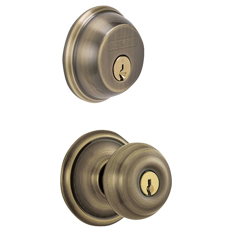 Schlage FB50NVGEO609 Knob Lockset, Mechanical Lock, Knob Handle, Round Design, Antique Brass, 1 Grade, Rekeyable