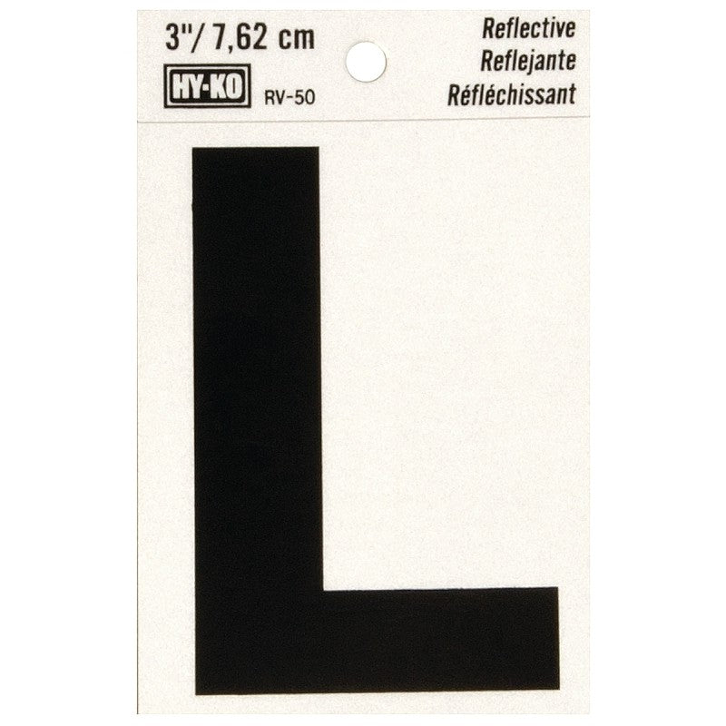 Hy-Ko RV-50/L Reflective Letter, 2-1/2 in W x 4 in H Dimensions, Character: L, 3 in H Character, Black Character, Vinyl (Pack of 10)