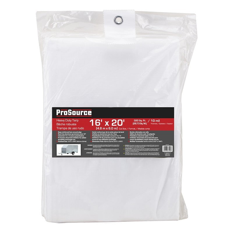 ProSource TW1620 Tarp, 20 ft L, 16 ft W, 10 mil Thick, Polyethylene, White