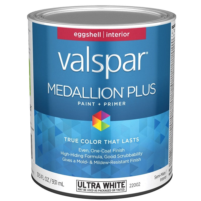 Valspar Medallion Plus 2200 028.0022002.005 Latex Paint, Acrylic Base, Eggshell Sheen, Ultra White Base, 1 qt