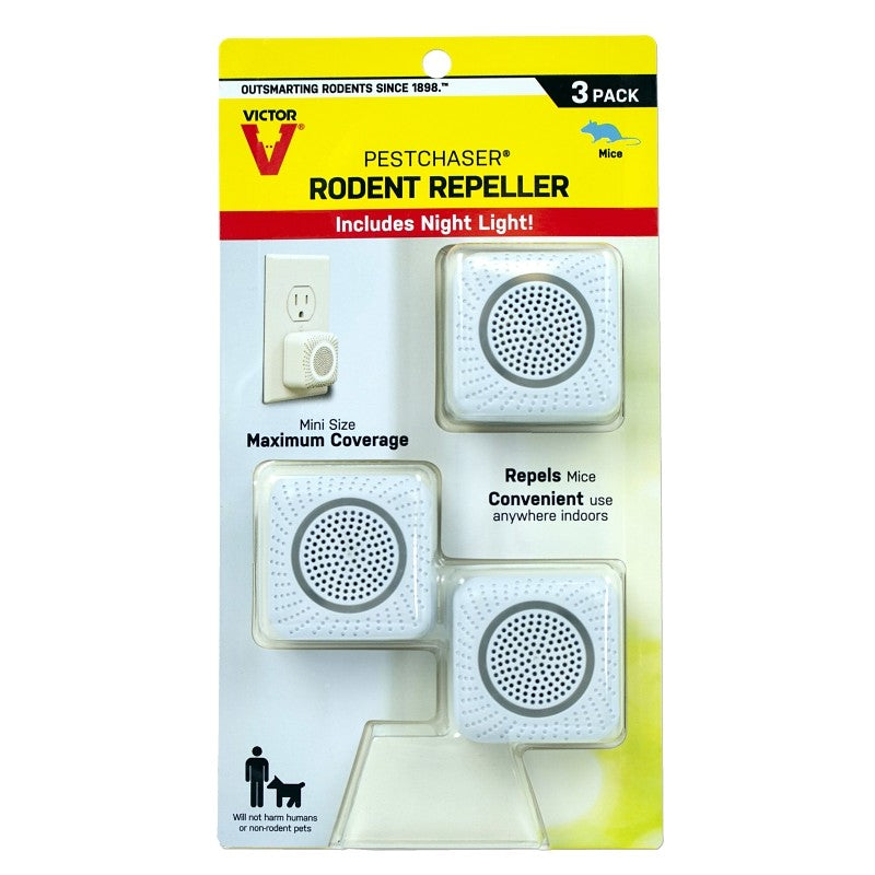 Victor M753K Rodent Repellent, Plug-In, 1.69 in L, 1-3/4 in W, 1-3/4 in H, Repels: Mice, Rats, 3/PK