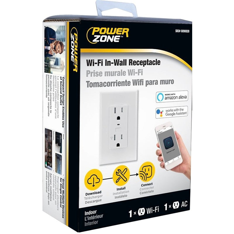 PowerZone ORWFIRC01 Wi-Fi Controlled Receptacle, 1-Pole, 125 V, Grounded Socket, Wi-Fi, White