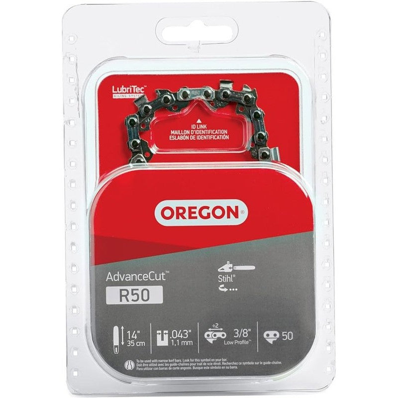 Oregon AdvanceCut R50 Chainsaw Chain, 14 in L Bar, 0.043 Gauge, 3/8 in TPI/Pitch, 50-Link