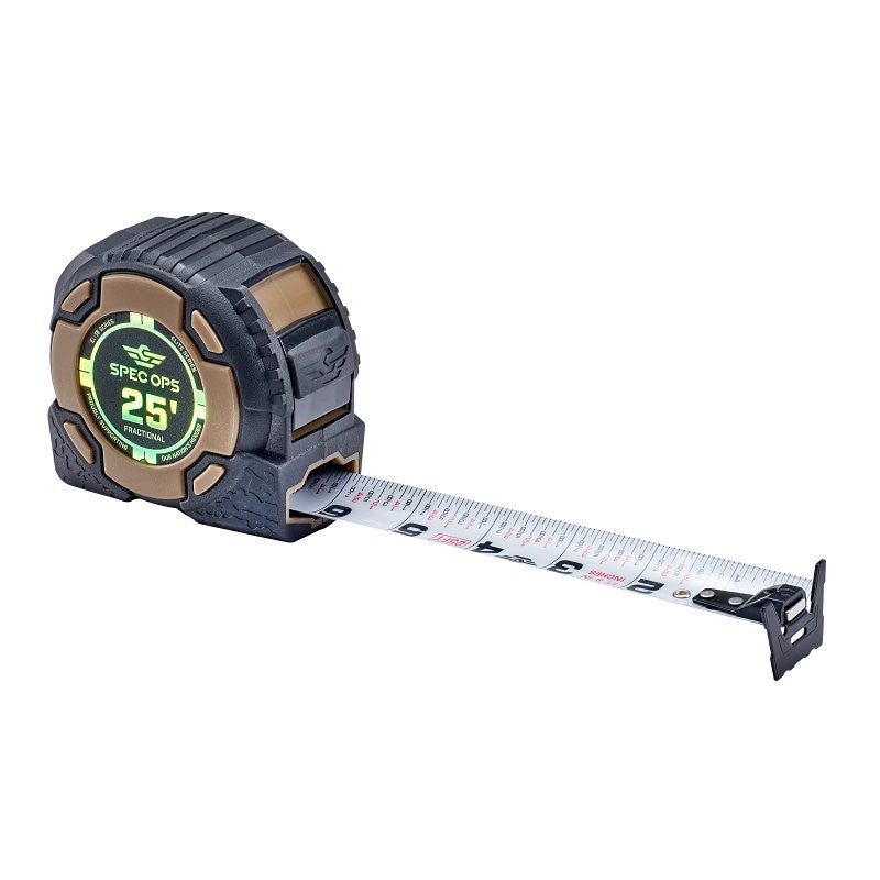 Spec Ops Elite Series SPEC-PTM25-F Fractional Tape Measure, 25 ft L Blade, 1-1/4 in W Blade, Steel Blade, ABS Case
